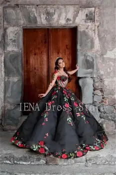 14958#Vintage Black 3D Ziedu Charro Quinceanera Kleitas Dārza Vāciņu Piedurknēm Sweet 16 Bumbu Kleita vestidos de 15 Meksikas Meitenes