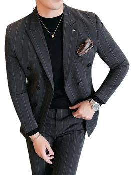 2022. gada Rudenī Vīriešu Uzvalki Svītrainām divrindu Slim Uzvalks Jaka Uzņēmējdarbības Profesionālo Formālu Uzvalku divdaļīgs Kostīms (mētelis + Bikses)