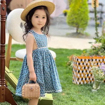 2023 Pavasara/Vasaras Bērnu apģērbi ar Jaunu Līniju Kleita Meiteņu Zila Kleita bez Piedurknēm