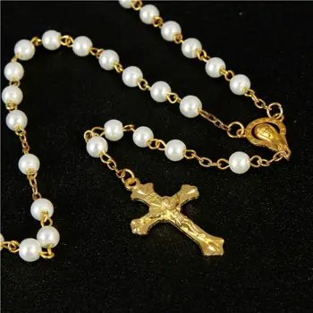 48 Gabali Vairumtirdzniecības Baltā Pērle Apaļa Zelta White Pearl Jaunavas Marijas Katoļu Rožukroni Aprites un Kaklarota 6mm