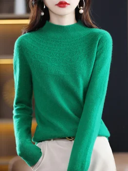 Aliselect Modes 100% Merino Vilnas Sieviešu Džemperis Izspēles Kakla Traf Topi Svīteri Garām Piedurknēm Apkakli Pavasara Rudens Dobi Trikotāža