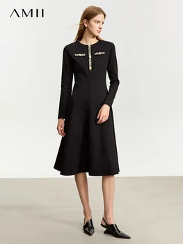AMII Minimālisma Jauno Rudens Modes Sieviešu Kleitas 2023 Slim-fit Mazo Smaržas Viduklis-line O-veida kakla Vintage Black Dress 12343091