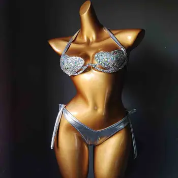 Brīvdienas Sexy Sievietes Dimanta Bikini Komplekts Pārsējs Peldkostīmu Bling Akmeņi Beachwear Krūšturis Bikses Apģērbs Peldkostīms