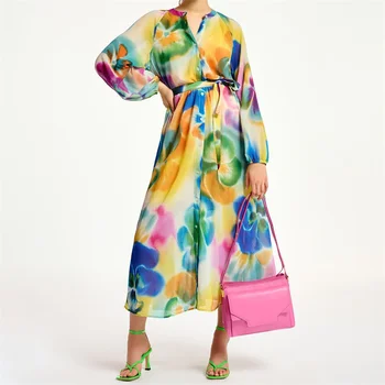 Elegants Un Diezgan Sieviešu Kleitas Līdz 2023. gada Rudenī Jaunā korejiešu Modes Ziedu Drukāt Garās Kleitas Josta Slim Fit Vakara Kleita y2k traf