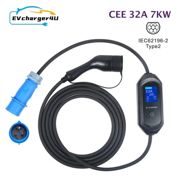 EVcharger4U 1Phase 32A 7KW Portatīvo EV Lādētāju IEC62196 Tips 2 CEE Zilā Kontaktdakšu Elektriskā Transportlīdzekļa uzlādes EVSE
