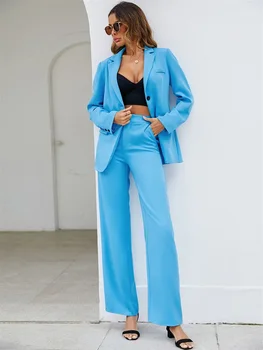Gaiši Zils Sievietes Tērps Uzstādīt Žakete+Bikses 2 Gab Oficiālu Modes Biznesa Birojs Dāmu Jaka Kāzu Tuexdos Balles Kleitu Pasūtījuma