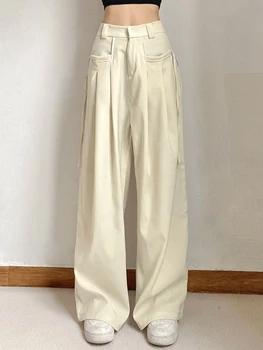 HOUZHOU Gadījuma Baggy Uzvalku Bikses Sieviešu Vintage Elegants ar Augstu Vidukli, Smilškrāsas Bikses Lielgabarīta Classic Dāmas Bikses korejas Modes