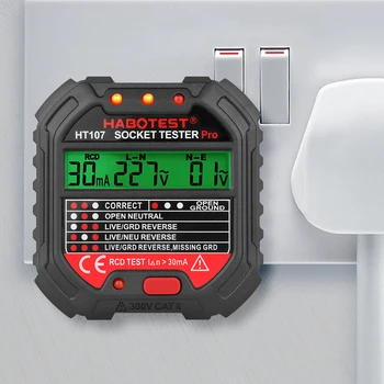 HT107 Digital Ligzda Tester Pro Sprieguma 30mA RCD Testa Smart Detektoru, ES, ASV, UK Plug Ground Zero Līnijas Polaritātes Posmā Pārbaudīt