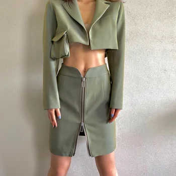 Ir 2021. Pavasarī un Rudenī Dāmas Slim Modes divdaļīgs Kostīms Zaļās Kabatas Uzvalks + Augsta Vidukļa Rāvējslēdzēju Svārki Retro Sexy Augstās Modes