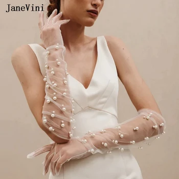 JaneVini 2023 Luksusa Ilgi Tilla Kāzu Līgavas Kleita, Cimdi Pērles Pilnu Pirkstu, Elkoņa Garuma Cimdi Sievietēm Balli Puses Piederumi