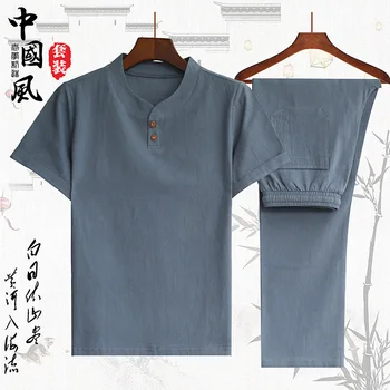 (Krekls + bikses) vasaras Ķīniešu Stila vīriešu krekls Kokvilnas un lina tendence krekli vīriešu ikdienas krekli kopumu, drēbes, izmērs M-5XL