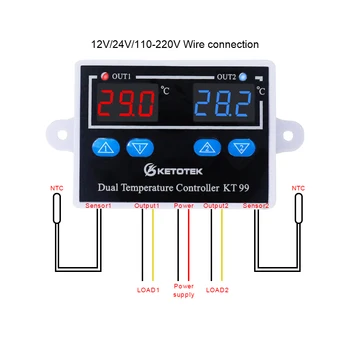 KT99 Dual Ciparu Termostats Termometrs Temperatūras regulators -50~120°C Apkures, Dzesēšanas 12V 24V 110V, 220V