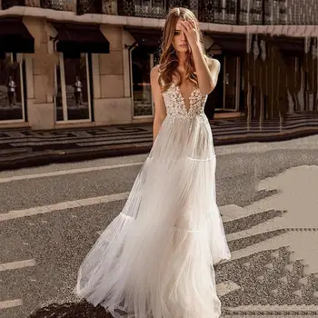 LaBoum Mežģīņu Kāzu Kleitas Sievietēm-Line vestido simples de noiva Pasūtījuma izgatavotu Kāzu Piedurknēm Spageti Siksnas Backless