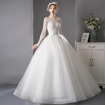 Līgavas kleitas mežģīņu Kāzu Kleita Grīdas-Garums Elegantu līgavas garām piedurknēm L0553
