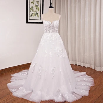 mežģīņu aplikācijas stweetheart kāzu kleitu līnijas, kas ilgu vilcienu elegants Princese līgavas kleita Drēbes De Mariee Līgava Kleita