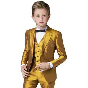 Modes Bērniem Drēbes Zēniem Zelta Satīna 3 Gabals Puse Ikdienas Tērpu Kāzu Uzvalku Slim Fit Uzvalks Boy (Žakete+Veste+Bikses)