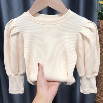 Pavasara Rudens garām Piedurknēm Puff Piedurknēm vienkrāsainu Top Bērnu Apģērbi T-Krekls Meitenēm Drēbes 2-6 Gadiem