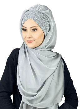 Pelēkā Krāsa Praktiskā franču Šifona Turban Vakara Jaunu Modes Islāma Musulmaņu Lakatu Tendence Hijab Ready-to-Wear Cepure, Šalle