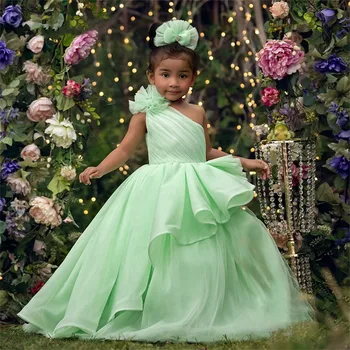 Puķu Meitene Kleita Zaļā Krāsā Ar Vienu Plecu Piedurknēm Mīksta Tilla Kārtojumu Kāzu Cute Ziedu Bērna Kopības Svētki Puse Kleita