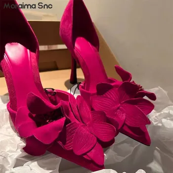 Rose Sarkans Melns Ziedu Sūkņi Norādīja Toe Duncis Modes High Papēži Sexy franču Modes Banketa Sieviešu Kurpes
