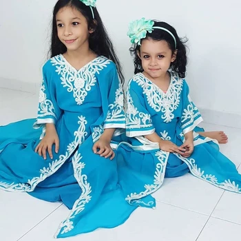 Royal Blue Caftan Abaya Marokas Meitenes Bell Piedurknēm Kleita Tauriņš
