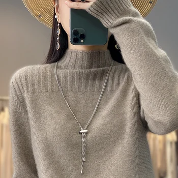 Rudens un ziemas sieviešu jauns 100% vilnas džemperis augstas klases korejiešu modes adīšanas džemperi zaudēt augsta apkakle kašmira džemperis