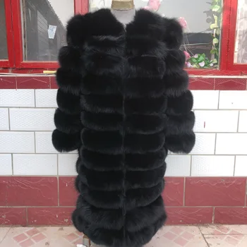 Sieviešu 110cm plus ilgtermiņa nekustamā fox kažokādas mētelis melnā augstas kvalitātes 100% dabīgas kažokādas jaka, ziemā silts modes luksusa tiešām kažokā