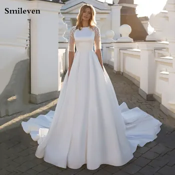 Smileven Elegants Satīna Kāzu Kleitas Pusi Mežģīņu Piedurknēm Līgavas Kleitas, Kāzu Kleita Atklātu Atpakaļ Vestido de novia 2021
