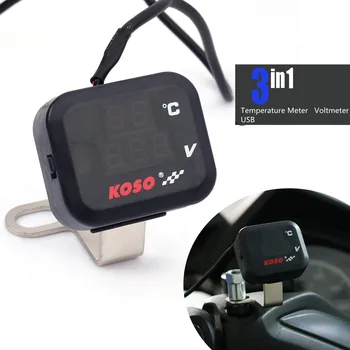 Universālā KOSO Motociklu Voltmetrs Termometrs Temperatūras Rādītājs Sprieguma Ciparu Displejs USB Lādētāju Vespa TMAX XMAX
