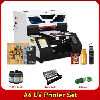 UV Plakanvirsmas Printeris, A4 Izmēra EPSON L805 Printhead ar Rotācijas Pudele Phonecase Metāla Akrila, Koka Stikla Krūzes UV Printera Komplekts