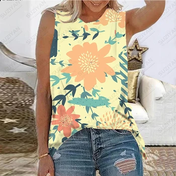 Vasaras Modes Jauns Sieviešu bez Piedurknēm Tvertnes Augšpusē Krāsains Ziedu T-krekls 3D Iespiesti Beach Zaudēt Ikdienas Stila Sieviešu Džemperis Top
