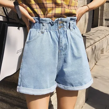 Vasaras Plaša Kāju Vaļīgas Bikses Harajuku Augstas Elastīga Vidukļa Džinsus Vintage korejas Modes Gadījuma vienkrāsainu Visu maču Džinsa Bikses