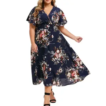 Vasarā Plus Lieluma Kleita Sievietēm Ziedu Šifona V-veida Kakla Īsām piedurknēm Elastīga, Augsta Vidukļa Bohēmijas Pludmales Modes Stila Kleita Vestidos