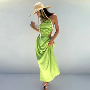 Viena Pleca, Sexy Pārsējs Ruched Izgriezt Maxi Kleita Zaļā Krāsā 2023 Vasaras Brīvdienu Backless Ilgi Sundresses Drēbes