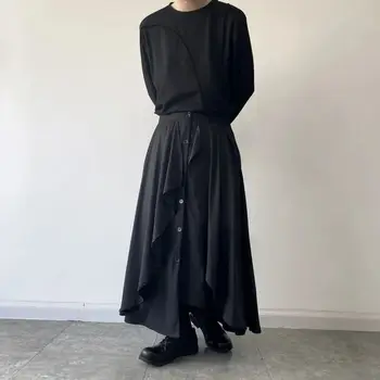 Yamamoto Tumši Melni Svārki Jaunu Vīriešu Dubultā Slāņa Svārki Moderns Universāls Vīriešu Nelegālo Unikālu Dizainu Kroku Svārki Skatuves Apģērbs