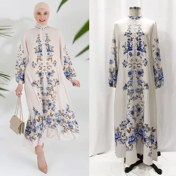 Ziedu Drukāt Abayas Modes Musulmaņu Gadījuma Sen Maxi Kleita Turcija Arābu Kaftan Augsta Apkakle Ramadāna Islāma Partija Dubaija Vestido