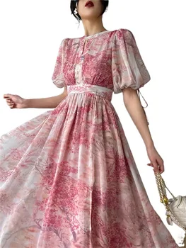 Šifona Ziedu Kleitu Sievietēm 2023 Modes Elegants Puff Piedurknēm Sadalīt Maxi Kleita Šiks Fairycore Dobi No Y2k Kleita